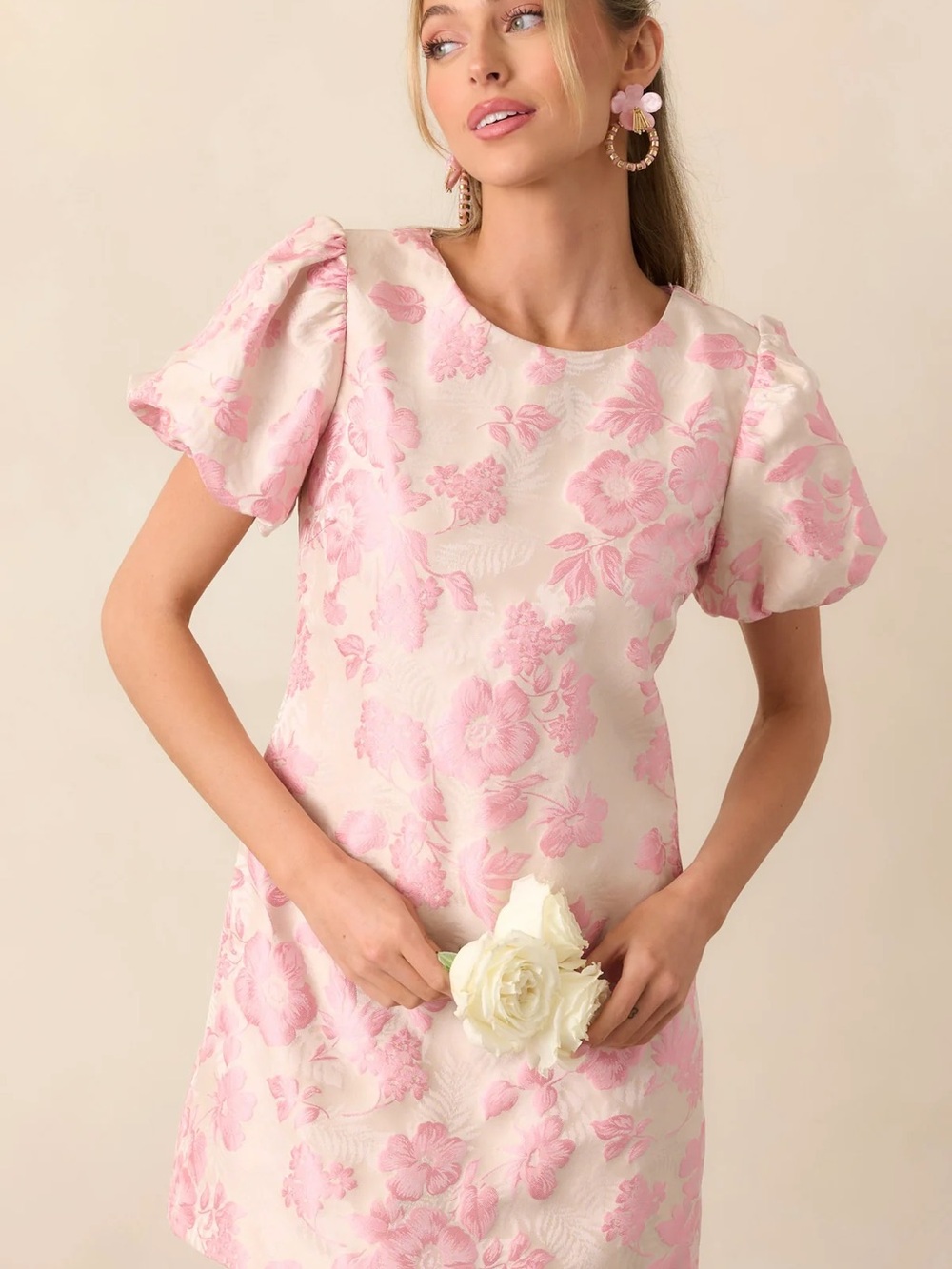 Red Dress Boutique Pink Floral Jacquard Puff-Sleeve Dress